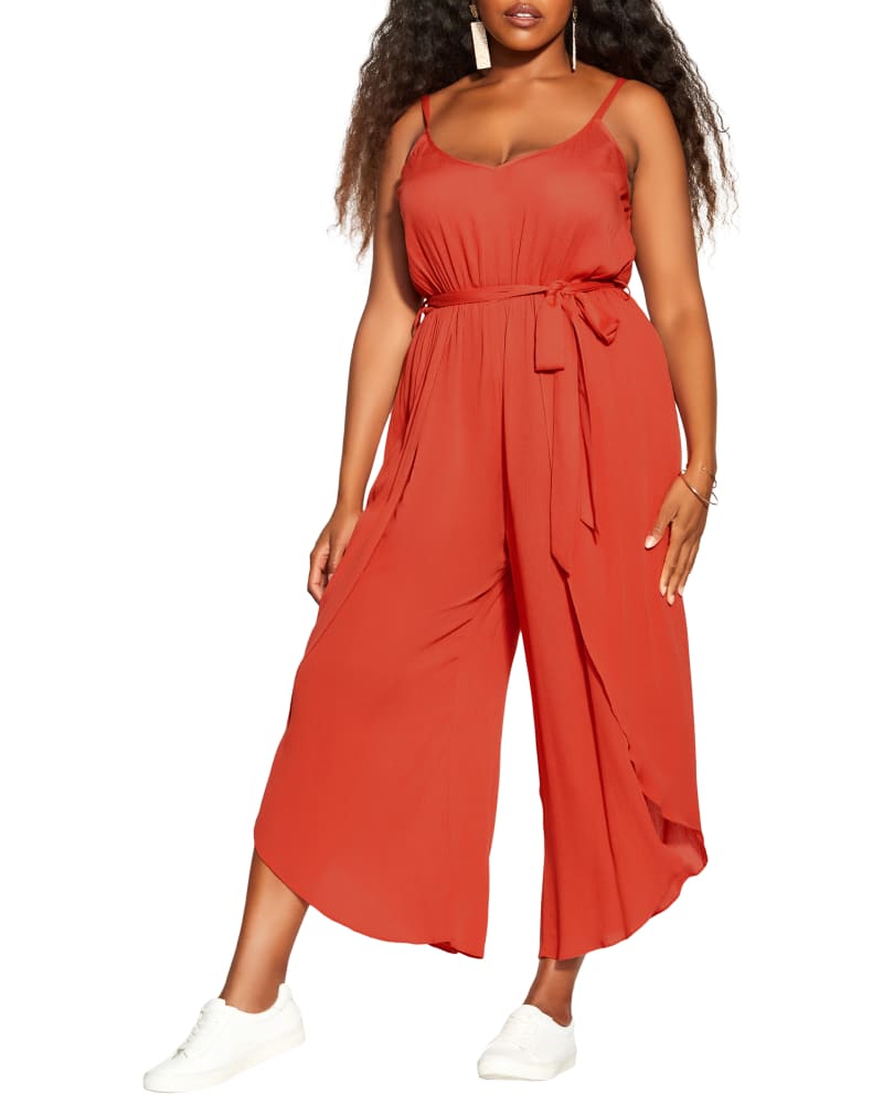 Front of a model wearing a size XS Piper Tropic Tie Jumpsuit in Orange by City Chic. | dia_product_style_image_id:215366